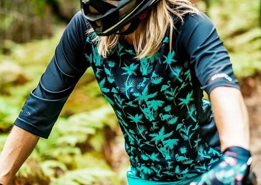 Cycling Jersey 3/4 Sleeve Teal/Black Flamingo/Palm 100% Coolmax Large